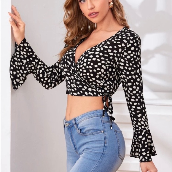 SHEIN | Tops | Shein Black And White Polka Dot Crop Wrap Top | Poshmark